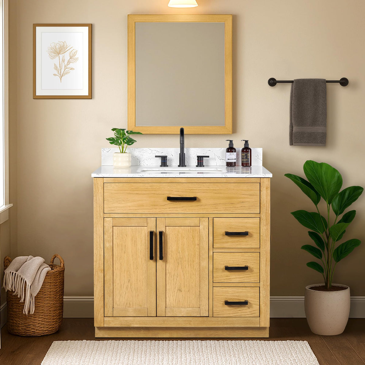 48-inch Dark Walnut Bathroom Vanity with Sink, Solid Wood, 0.79-inch Stone Countertop and Backsplash, 9 Drawers, 2 Soft Closing Doors