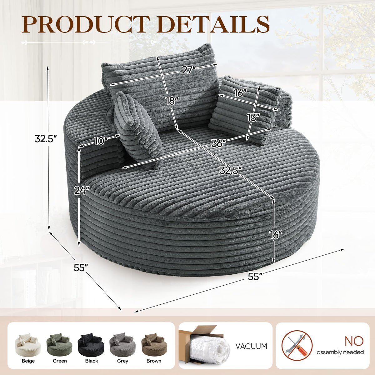Oversized Round Chaise Longue Chair Indoor, Modern 55-inch Upholstered Corduroy Deep Seat Circle Single Cloud Lounge Floor Sofa Chair for Living Room, Bedroom Apartment, Beige