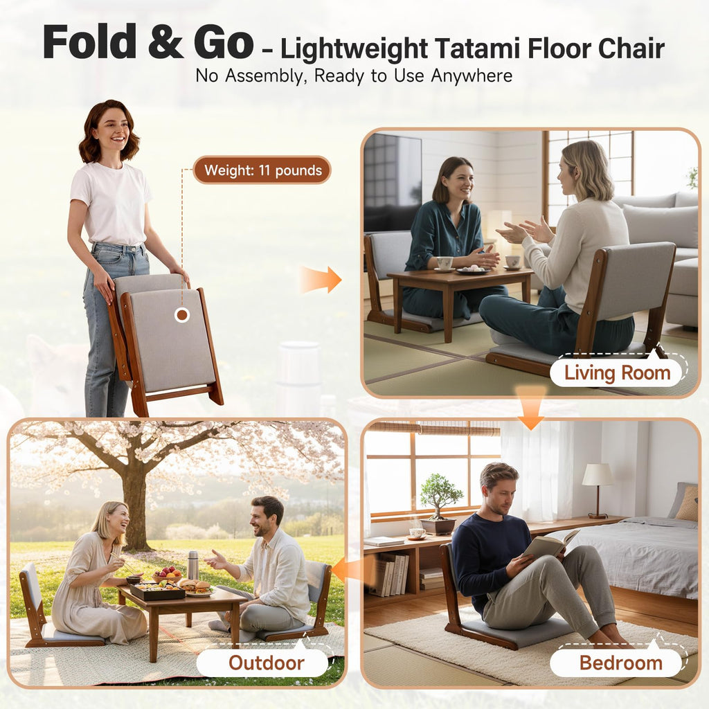 Tiita 2-Pack Foldable Meditation Floor Chairs with Back Support, Wood Grey