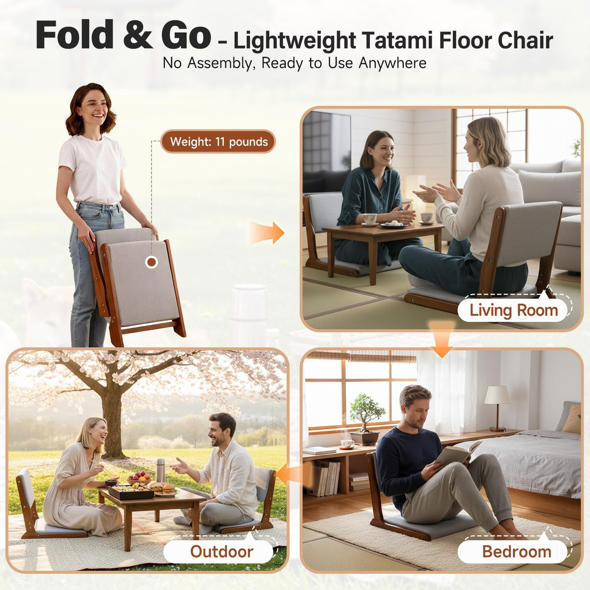 Tiita 2-Pack Foldable Meditation Floor Chairs with Back Support, Wood Grey