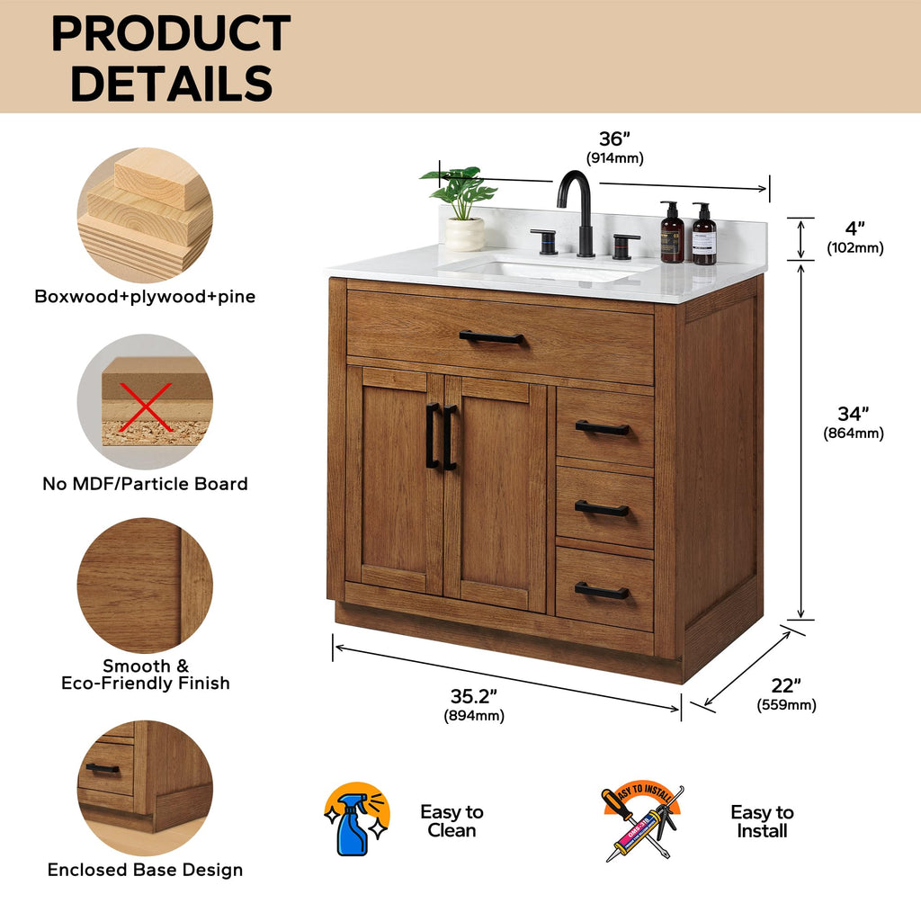 48-inch Dark Walnut Bathroom Vanity with Sink, Solid Wood, 0.79-inch Stone Countertop and Backsplash, 9 Drawers, 2 Soft Closing Doors