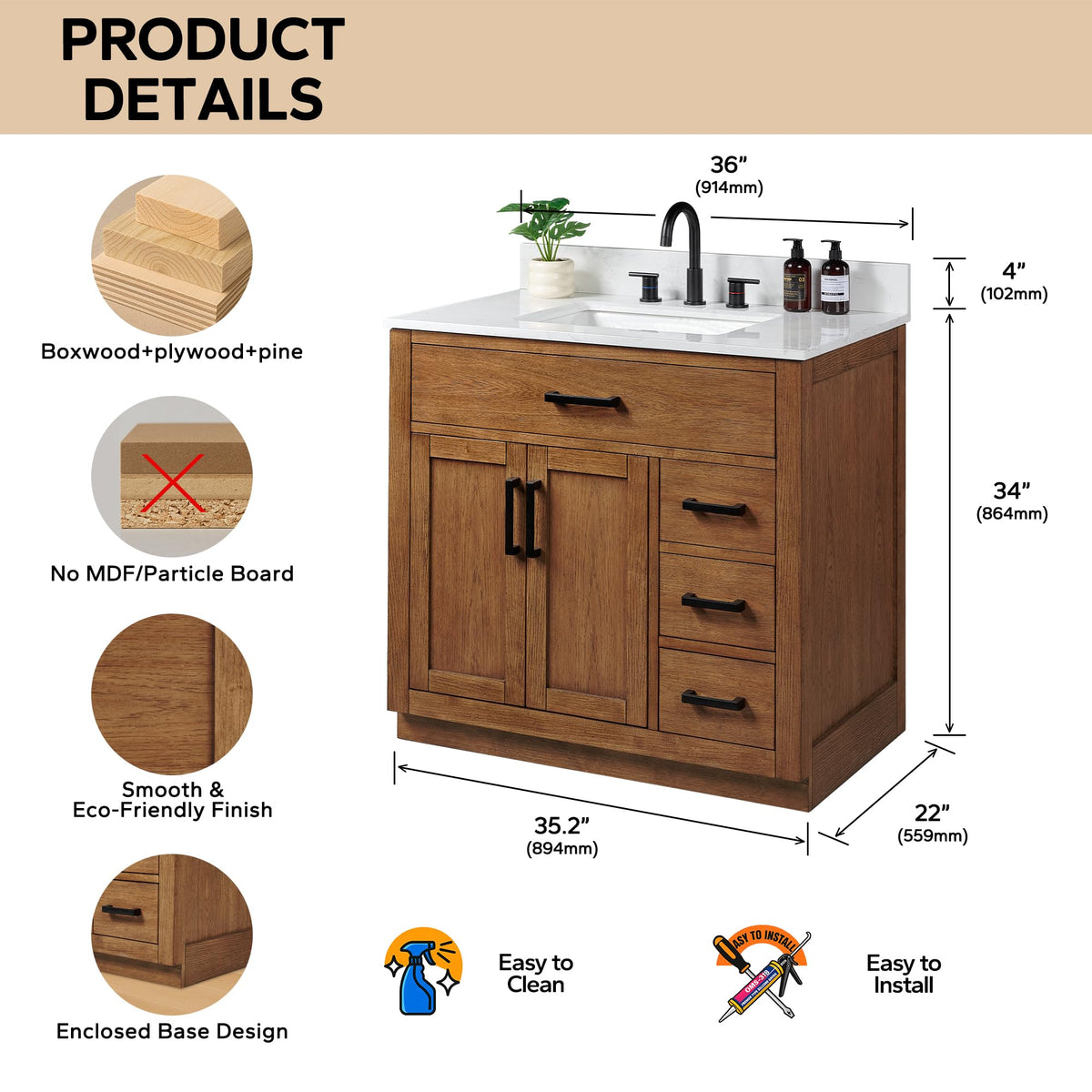 48-inch Dark Walnut Bathroom Vanity with Sink, Solid Wood, 0.79-inch Stone Countertop and Backsplash, 9 Drawers, 2 Soft Closing Doors