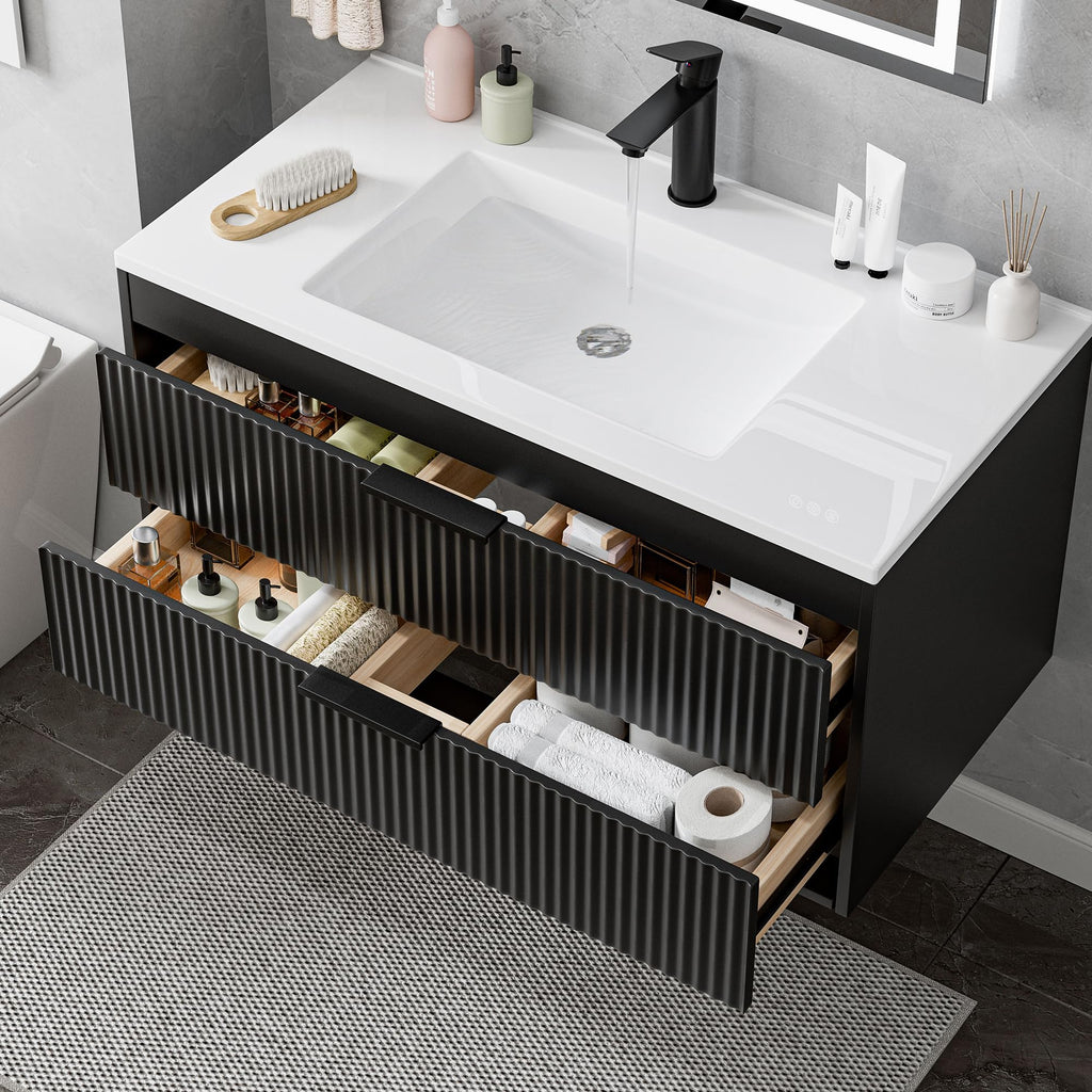 24 Inches Modern MDF Bathroom Vanity with Sink, Wall Mounted Floating Cabinets w/Double Drawers, Black Handles, White Resin Sink Combo Set (Black, 24")