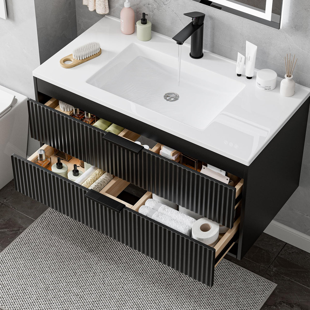 24 Inches Modern MDF Bathroom Vanity with Sink, Wall Mounted Floating Cabinets w/Double Drawers, Black Handles, White Resin Sink Combo Set (Black, 24")