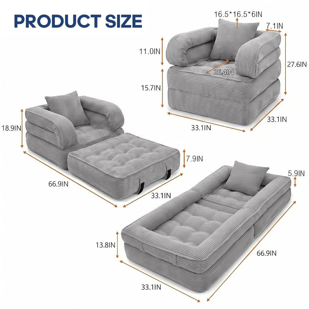 Folding Sofa Bed, Convertible Sleeper Chair with Armrests, Corduroy Foldable Boneless Bed, 3-in-1 Portable Futon Couch Floor Sofa with Pillow for Bedroom, Living Room, Orange