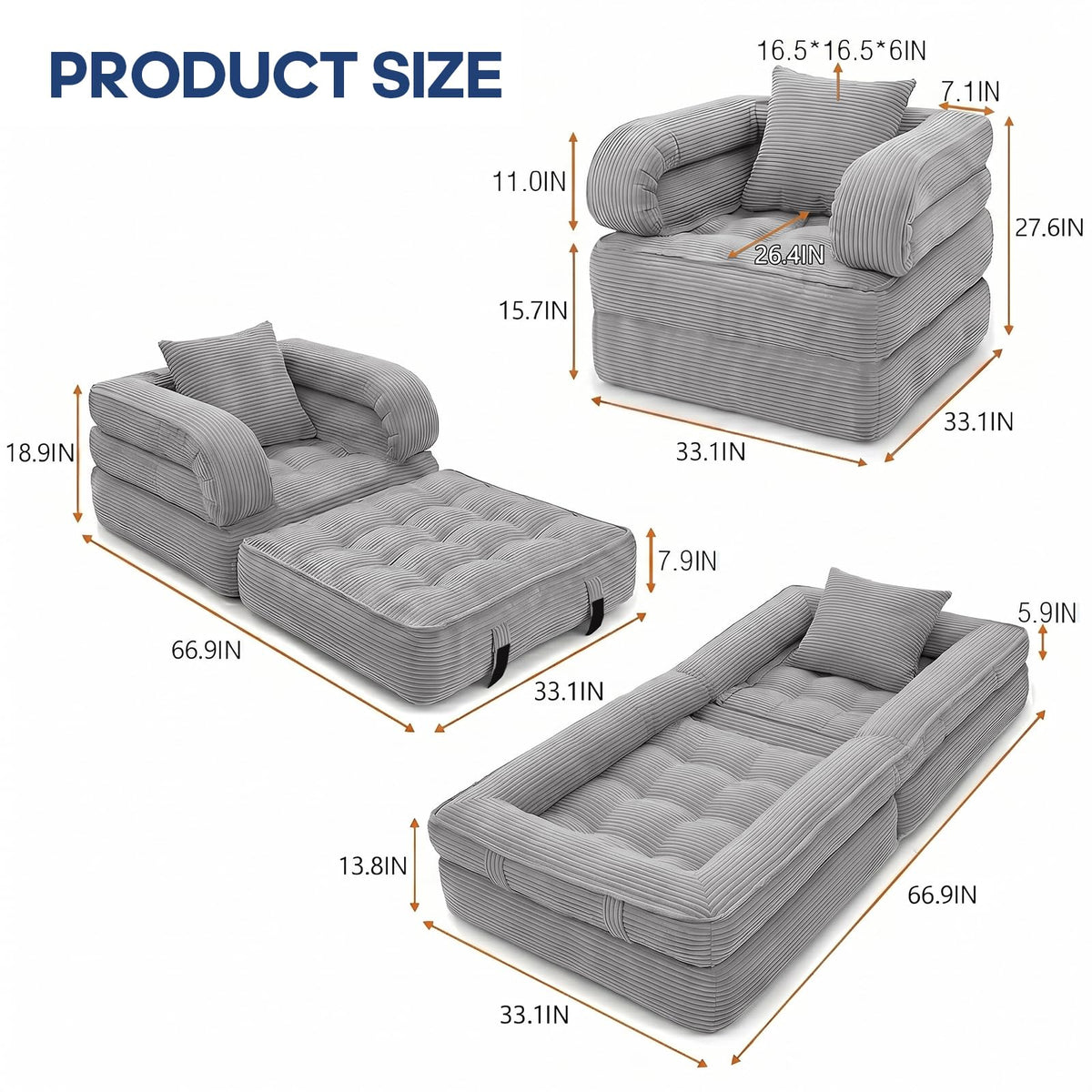Folding Sofa Bed, Convertible Sleeper Chair with Armrests, Corduroy Foldable Boneless Bed, 3-in-1 Portable Futon Couch Floor Sofa with Pillow for Bedroom, Living Room, Orange