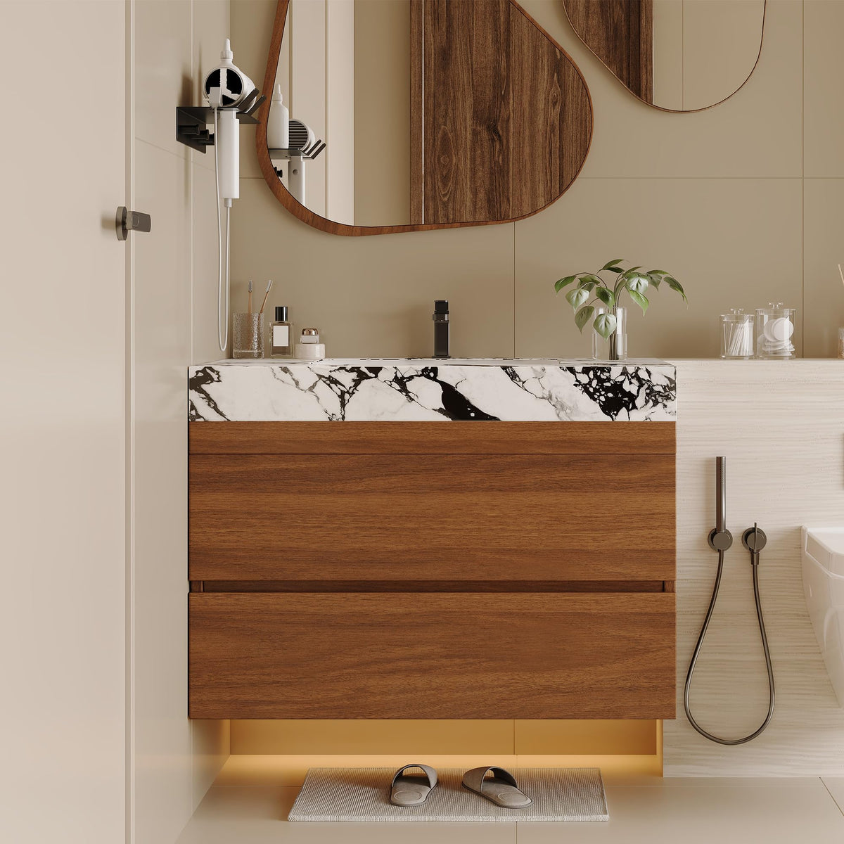 Glintee 40" Floating Bathroom Vanity & Sintered Stone Top, Black
