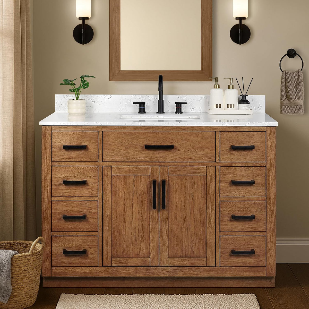 48-inch Dark Walnut Bathroom Vanity with Sink, Solid Wood, 0.79-inch Stone Countertop and Backsplash, 9 Drawers, 2 Soft Closing Doors