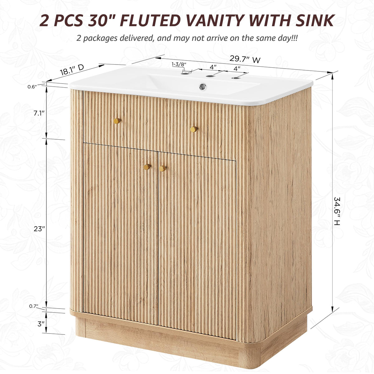 T4TREAM 36" Fluted Bathroom Vanity with Single Sink, Natural Oak