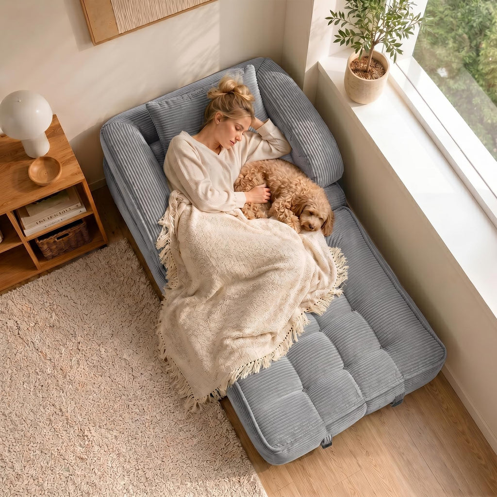 Folding Sofa Bed, Convertible Sleeper Chair with Armrests, Corduroy Foldable Boneless Bed, 3-in-1 Portable Futon Couch Floor Sofa with Pillow for Bedroom, Living Room, Orange