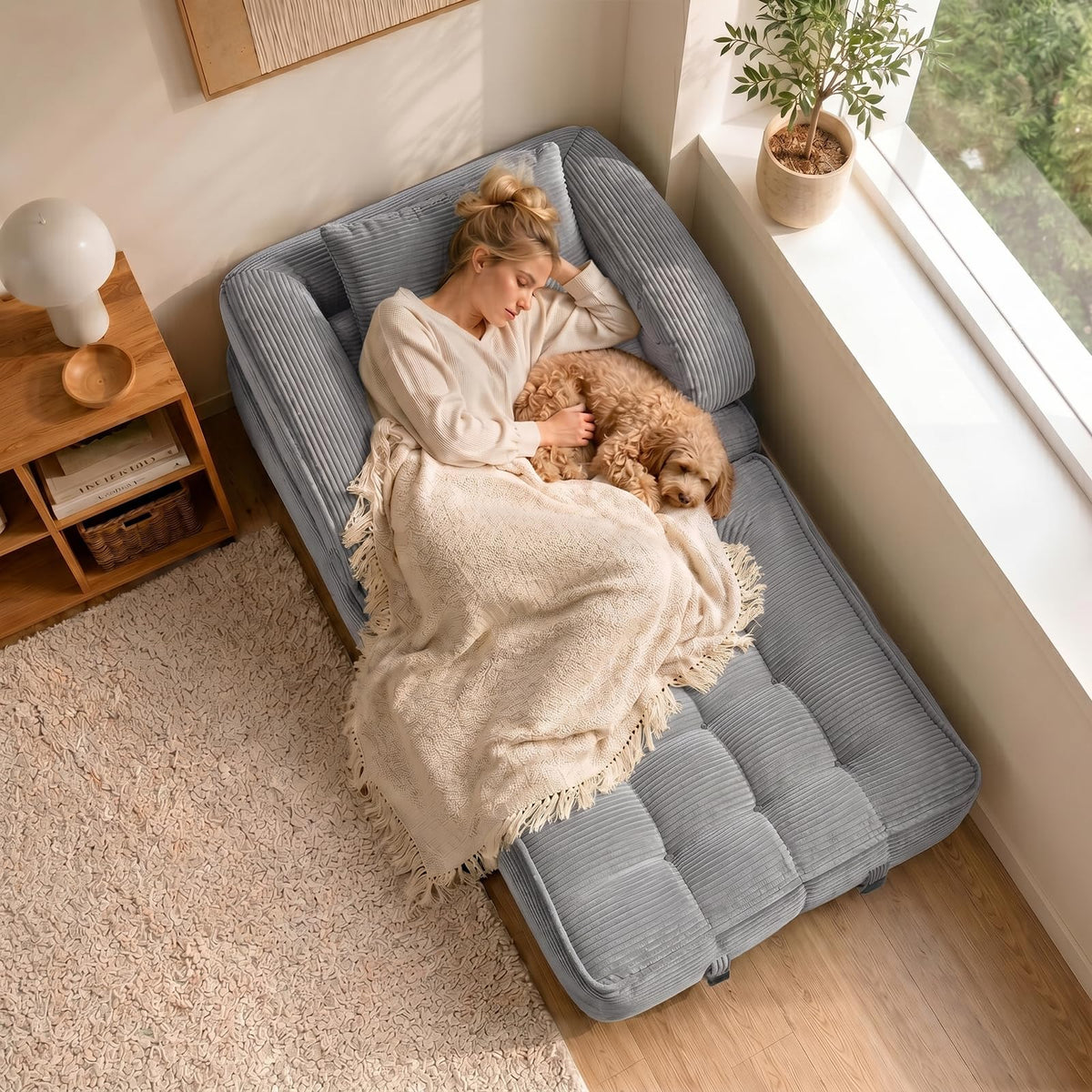 Folding Sofa Bed, Convertible Sleeper Chair with Armrests, Corduroy Foldable Boneless Bed, 3-in-1 Portable Futon Couch Floor Sofa with Pillow for Bedroom, Living Room, Orange