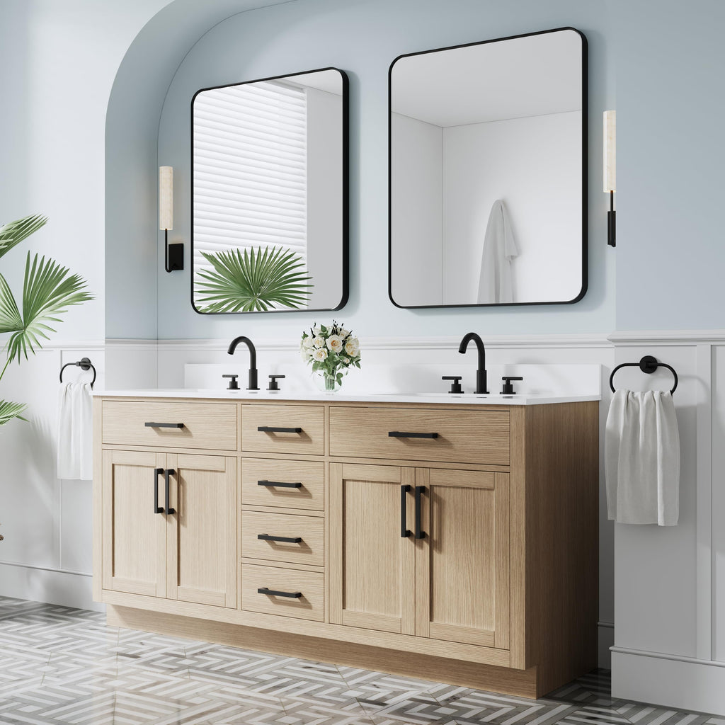 WELLFOR 36-Inch Bathroom Vanity with Sink W/ 2 Doors & 4 Drawers & 1 Flip Drawer,Navy Blue Vanity W/Matte Black Handles