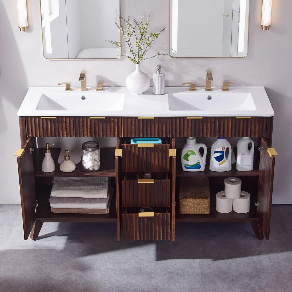 T4TREAM 60" Fluted Bathroom Vanity with Resin Sink Combo, Natural Oak