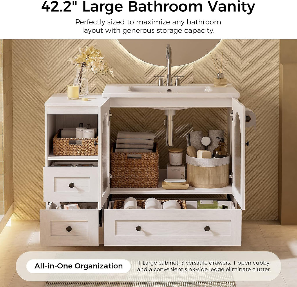 IRONCK 42 Inch Bathroom Vanity with Sink Set, Reversible Design, White