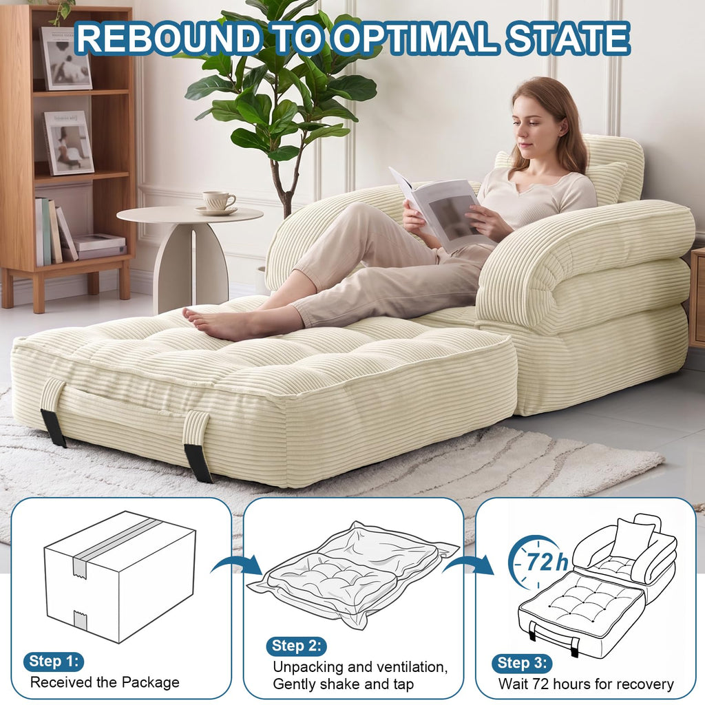 Folding Sofa Bed, Convertible Sleeper Chair with Armrests, Corduroy Foldable Boneless Bed, 3-in-1 Portable Futon Couch Floor Sofa with Pillow for Bedroom, Living Room, Orange