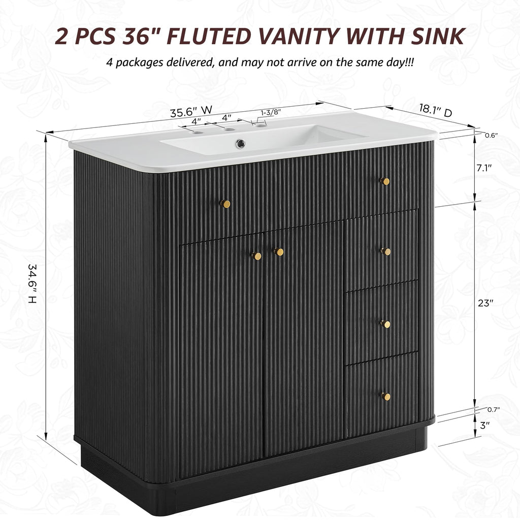 T4TREAM 36" Fluted Bathroom Vanity with Single Sink, Natural Oak