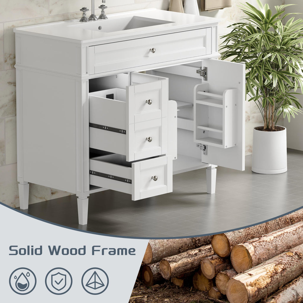 30" Bathroom Vanity with Sink, Solid Wood Frame Modern with Charging Station, Bathroom Single Sink Cabinet with 2 Drawers and 1 Doors, Gold Metal Handles, Black