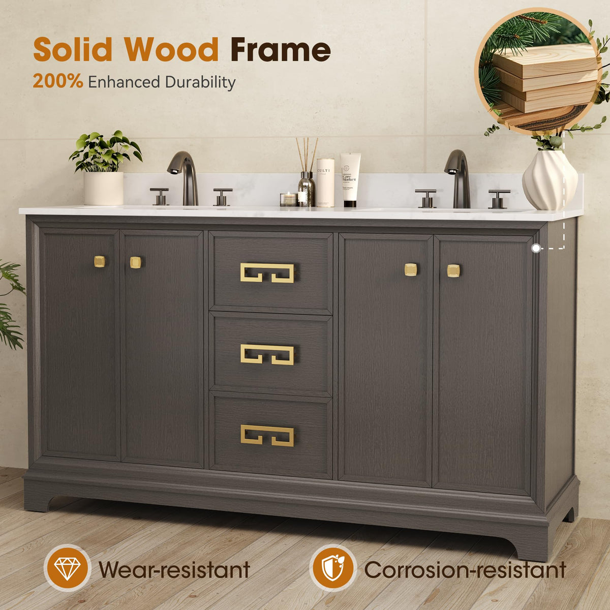 72 Inch Double Sink Bathroom Vanity Solid Wood, Fully Assembled
