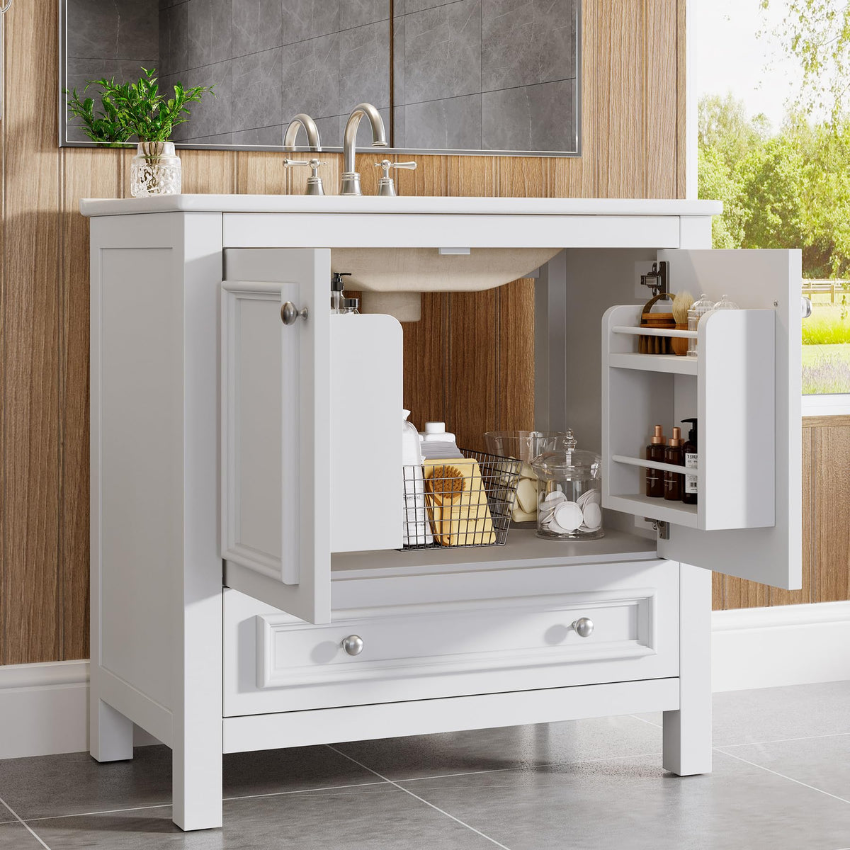 Tribesigns 30" Bathroom Vanity with Sink, Freestanding Bathroom Vanities Cabinet with Ceramic Basin Combo, Bathroom Sink Cabinet with 2 Doors and 1 Drawer, Solid Wooden Frame (Navy Blue, 30 INCH)