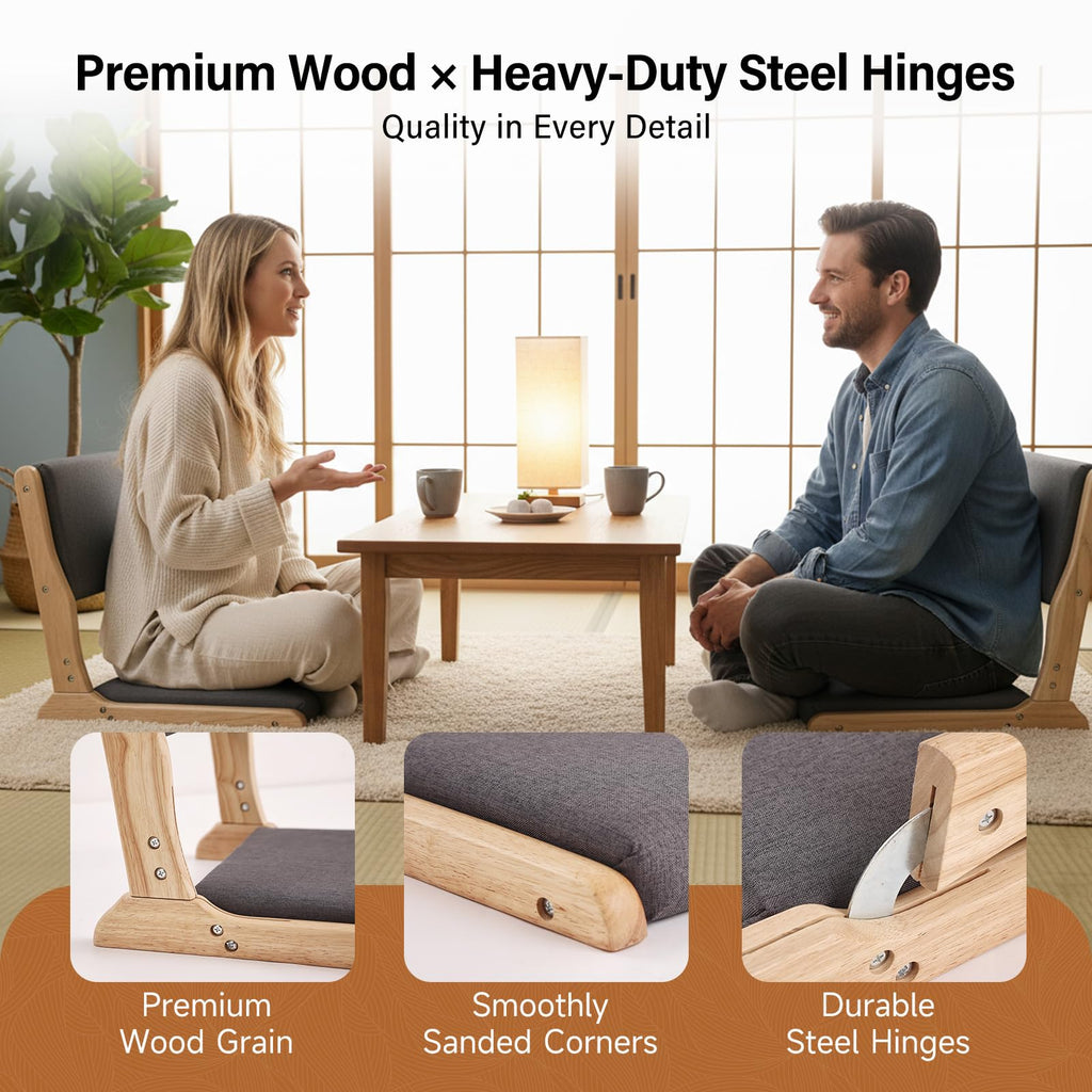 Tiita 2-Pack Foldable Meditation Floor Chairs with Back Support, Wood Grey