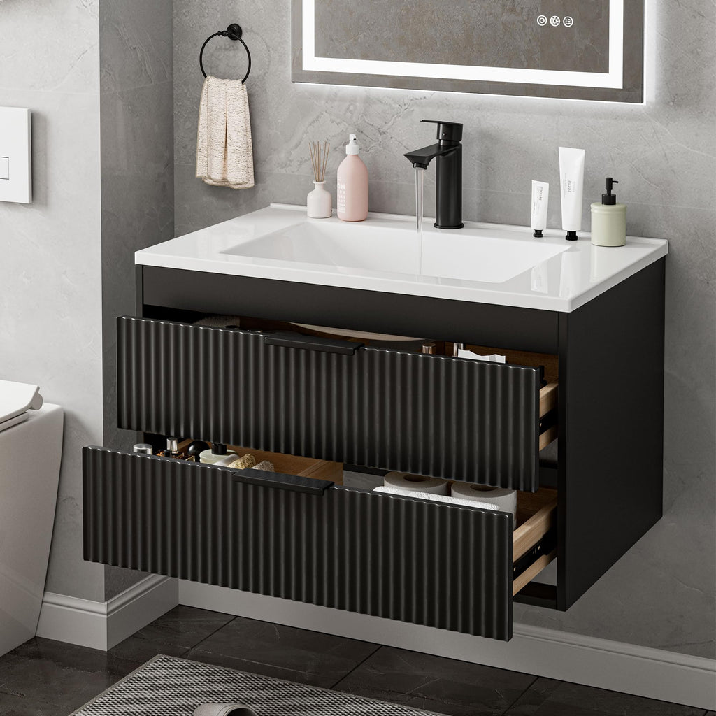 24 Inches Modern MDF Bathroom Vanity with Sink, Wall Mounted Floating Cabinets w/Double Drawers, Black Handles, White Resin Sink Combo Set (Black, 24")