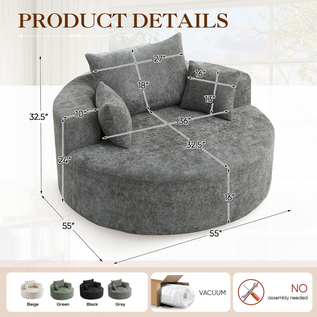 Oversized Round Chaise Longue Chair Indoor, Modern 55-inch Upholstered Corduroy Deep Seat Circle Single Cloud Lounge Floor Sofa Chair for Living Room, Bedroom Apartment, Beige