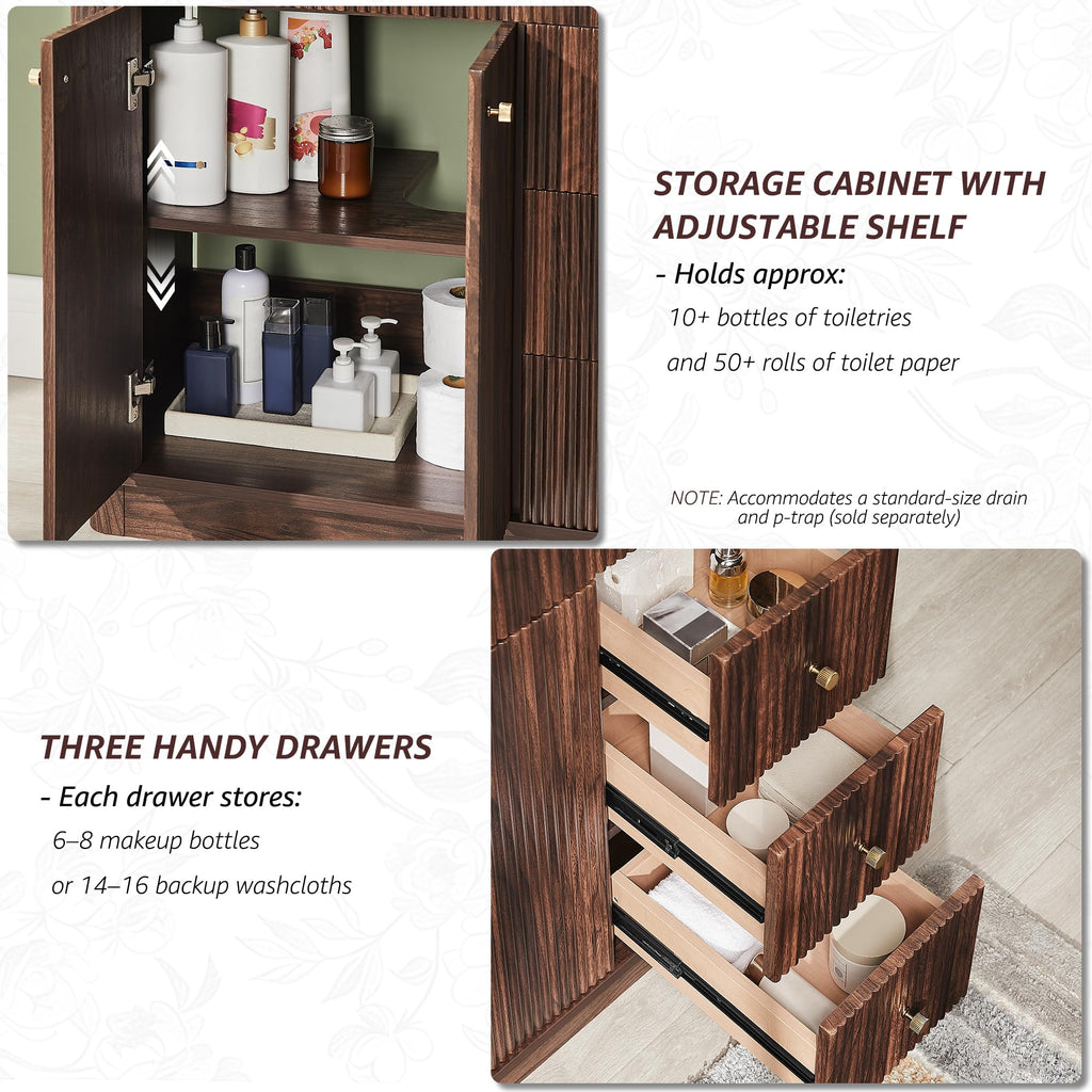 T4TREAM 36" Fluted Bathroom Vanity with Single Sink, Natural Oak
