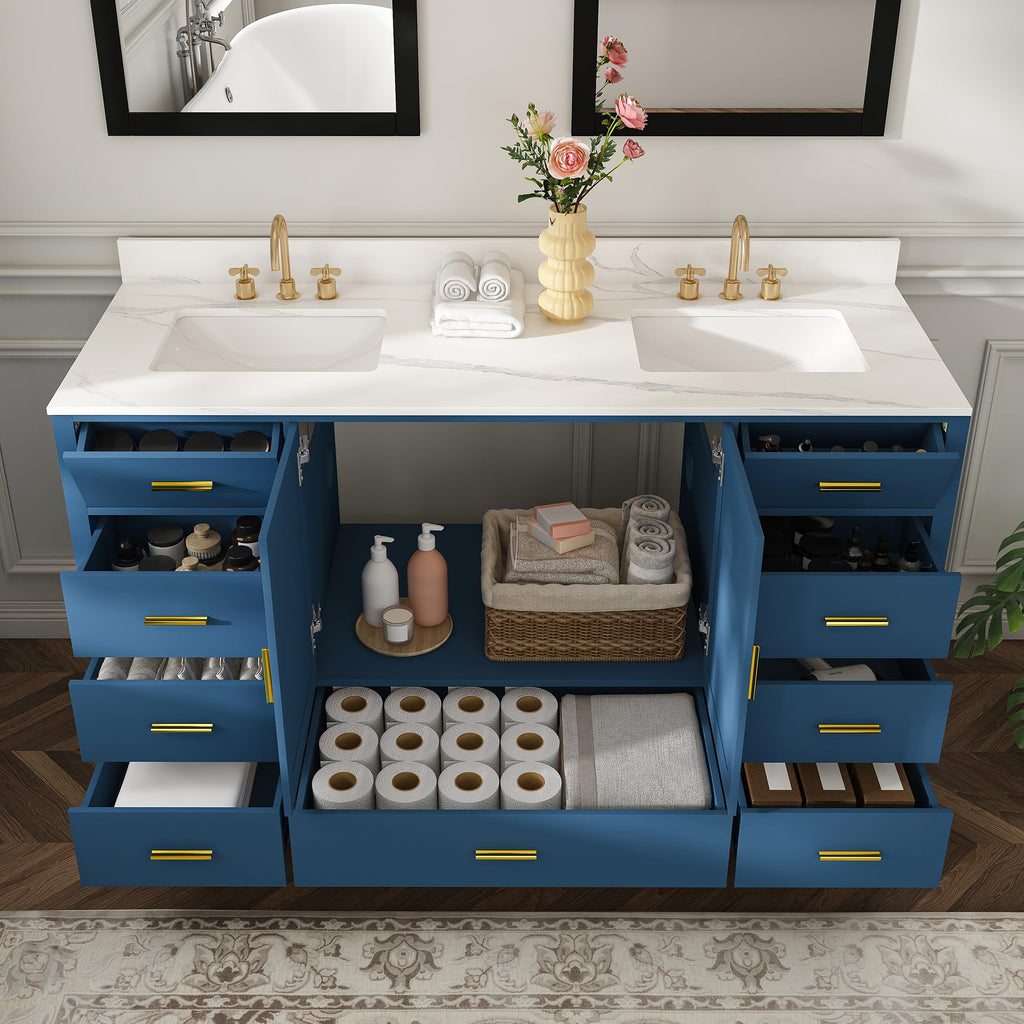 60" Bathroom Vanity Single Sink with 3 Hole, Sink Bathroom Vanity with Solid Wood Frame Storage,Soft Close Double Doors & 9 Sliding Drawers, with Gold Accents