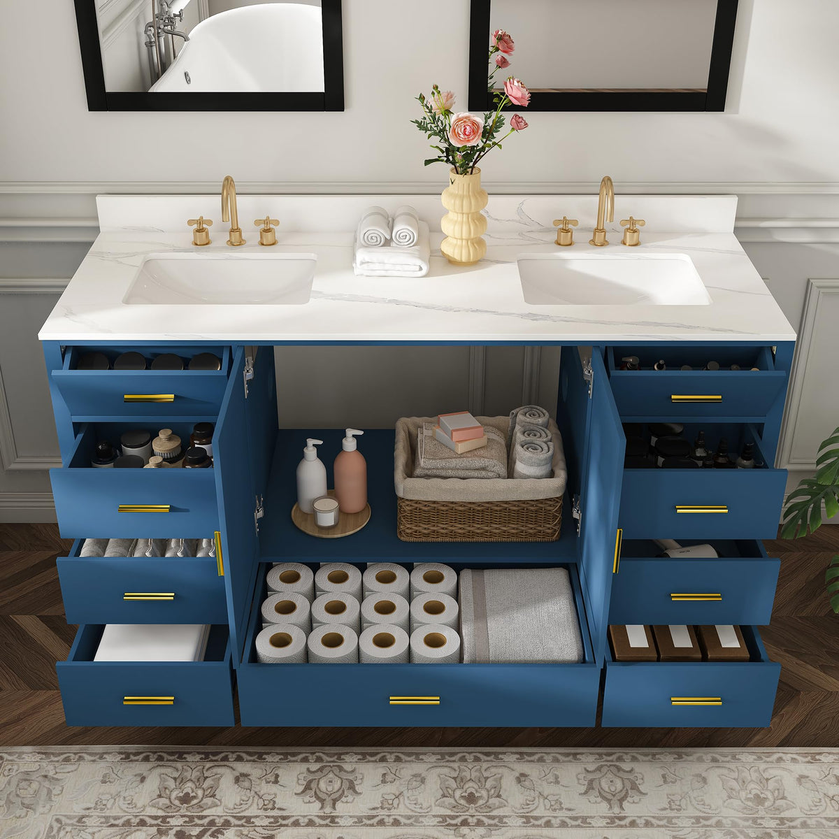 60" Bathroom Vanity Single Sink with 3 Hole, Sink Bathroom Vanity with Solid Wood Frame Storage,Soft Close Double Doors & 9 Sliding Drawers, with Gold Accents
