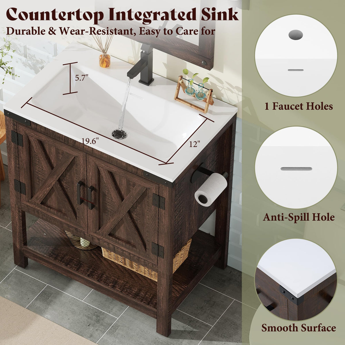 AMERLIFE 48" White Farmhouse Sink Bathroom Vanity, Solid White Top
