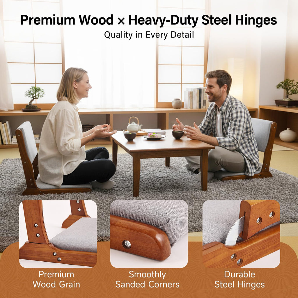 Tiita 2-Pack Foldable Meditation Floor Chairs with Back Support, Wood Grey