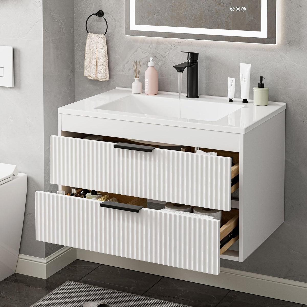 24 Inches Modern MDF Bathroom Vanity with Sink, Wall Mounted Floating Cabinets w/Double Drawers, Black Handles, White Resin Sink Combo Set (Black, 24")