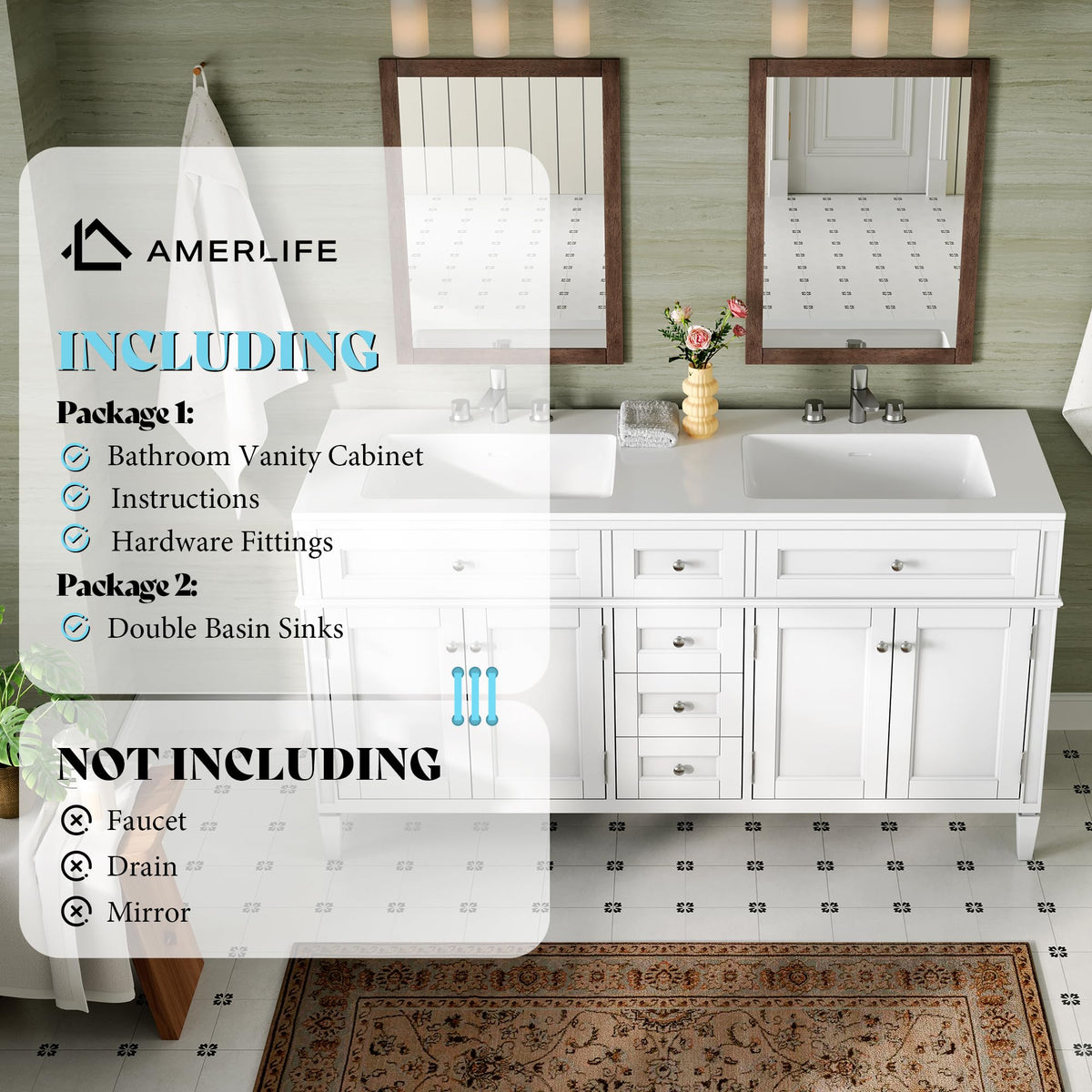 AMERLIFE 60â³ Bathroom Vanity with Sink Combo & 3 Storage Drawers