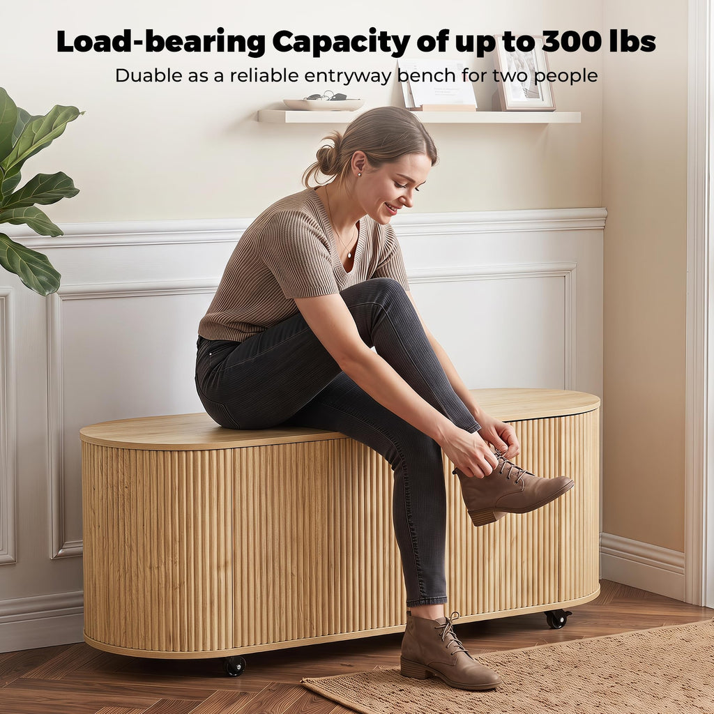 RARZOE 43.3" Fluted Storage Chest, Oval Storage Bench with 4 Wheels,(Green)