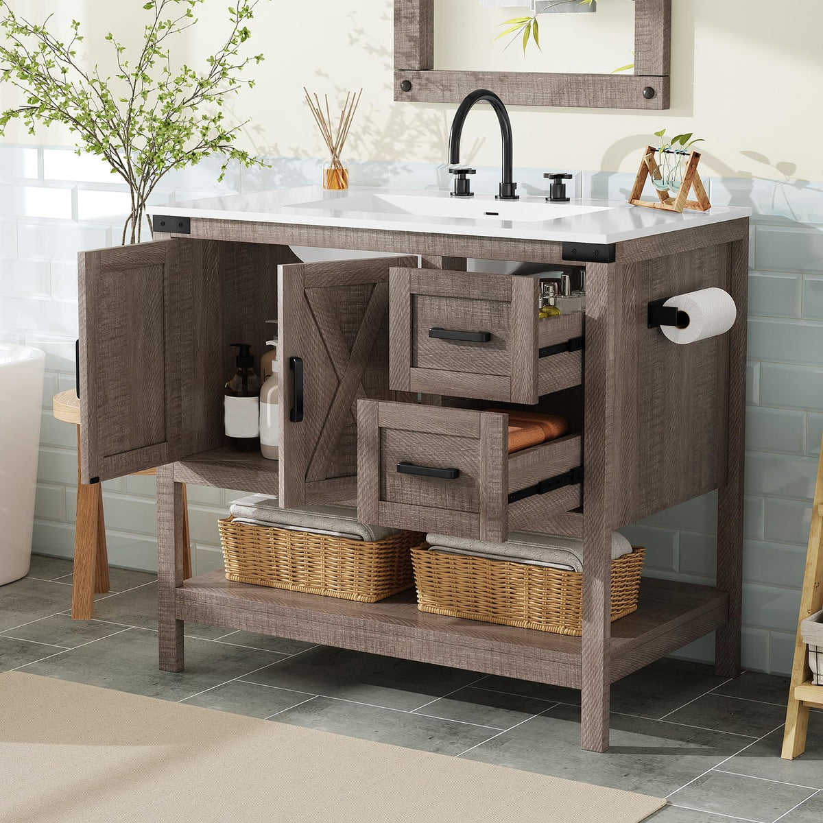 AMERLIFE 48" White Farmhouse Sink Bathroom Vanity, Solid White Top