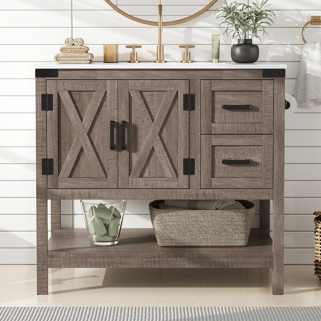 AMERLIFE 48" White Farmhouse Sink Bathroom Vanity, Solid White Top