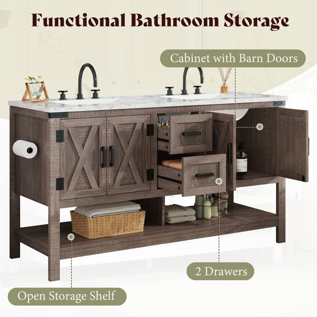 AMERLIFE 48" White Farmhouse Sink Bathroom Vanity, Solid White Top