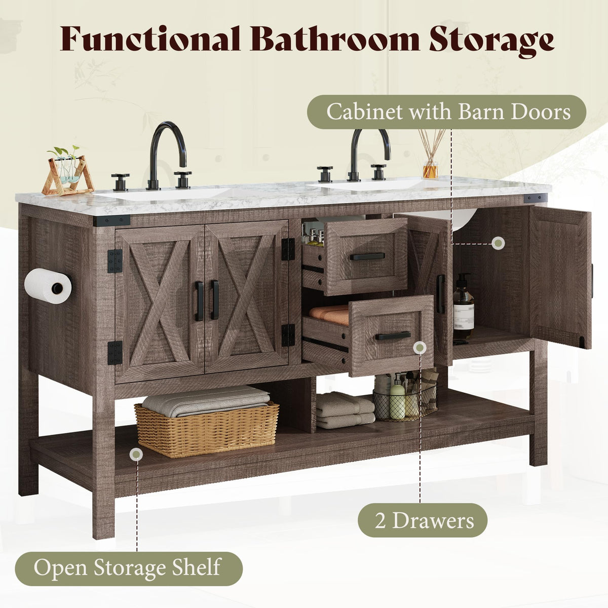 AMERLIFE 48" White Farmhouse Sink Bathroom Vanity, Solid White Top