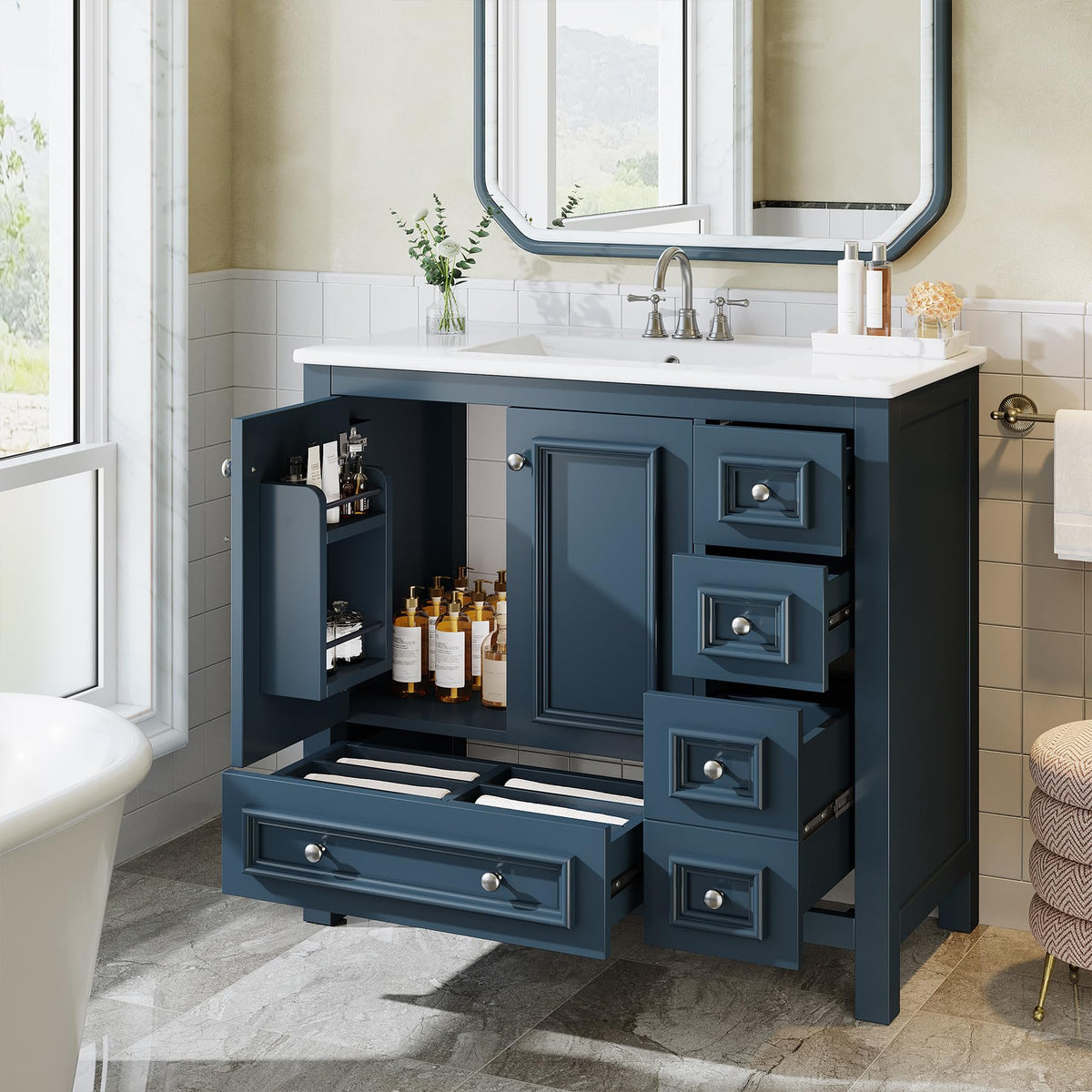 Tribesigns 30" Bathroom Vanity with Sink, Freestanding Bathroom Vanities Cabinet with Ceramic Basin Combo, Bathroom Sink Cabinet with 2 Doors and 1 Drawer, Solid Wooden Frame (Navy Blue, 30 INCH)