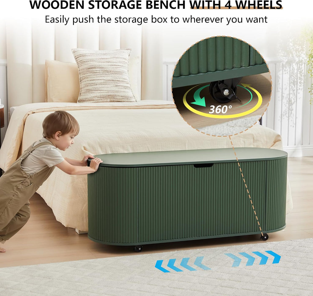 RARZOE 43.3" Fluted Storage Chest, Oval Storage Bench with 4 Wheels,(Green)