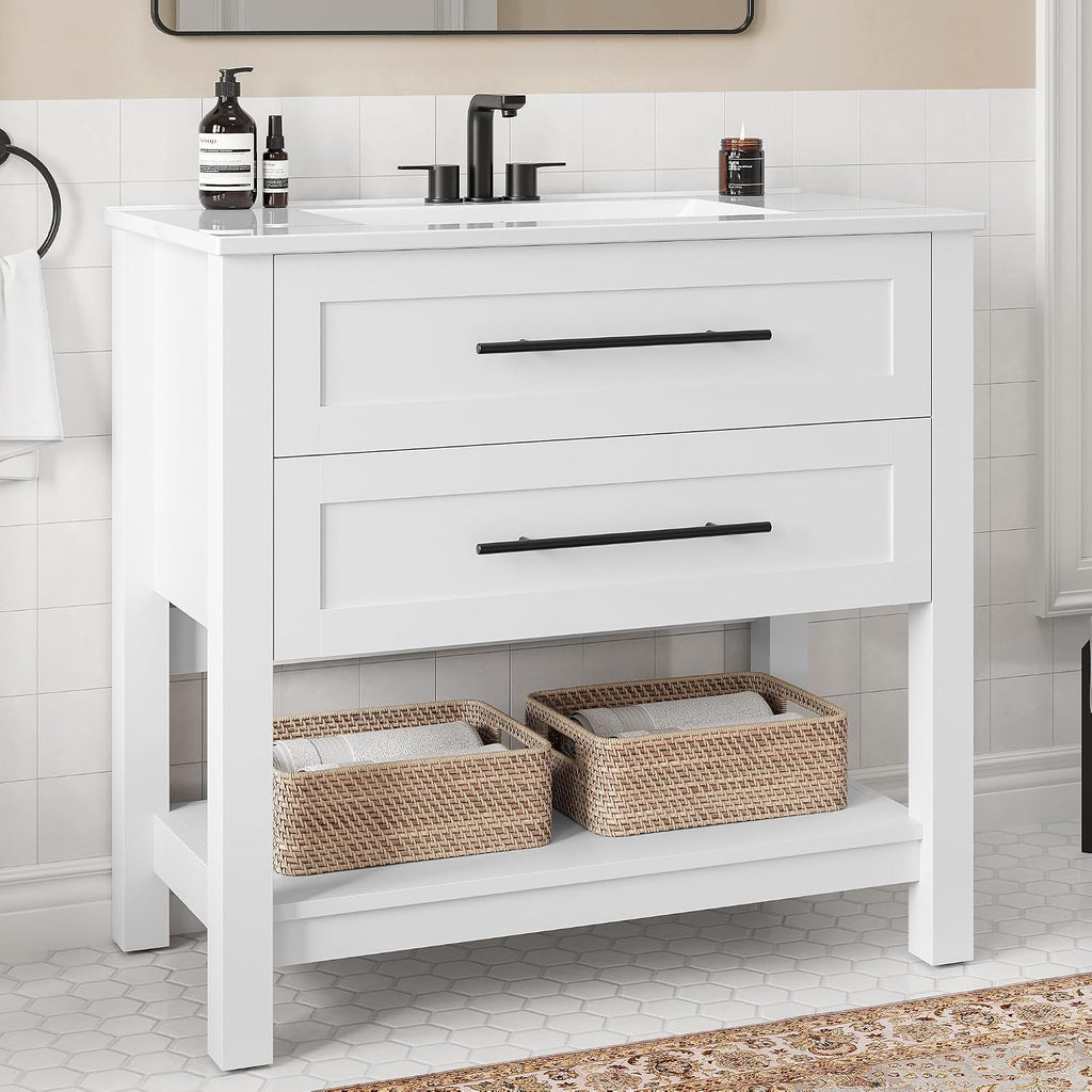 LIKIMIO 36" Bathroom Vanity with Sink, 2 Drawers & Open Shelf, White