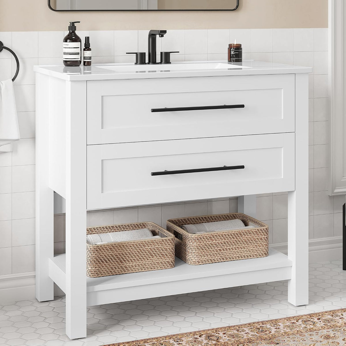 LIKIMIO 36" Bathroom Vanity with Sink, 2 Drawers & Open Shelf, White