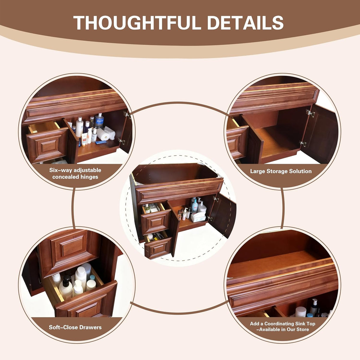 36" Maple Walnut Bathroom Vanity Base â Ready-to-Assemble Sink Cabinet with Drawers, Shaker Style Storage, Base Only, No Top or Sink