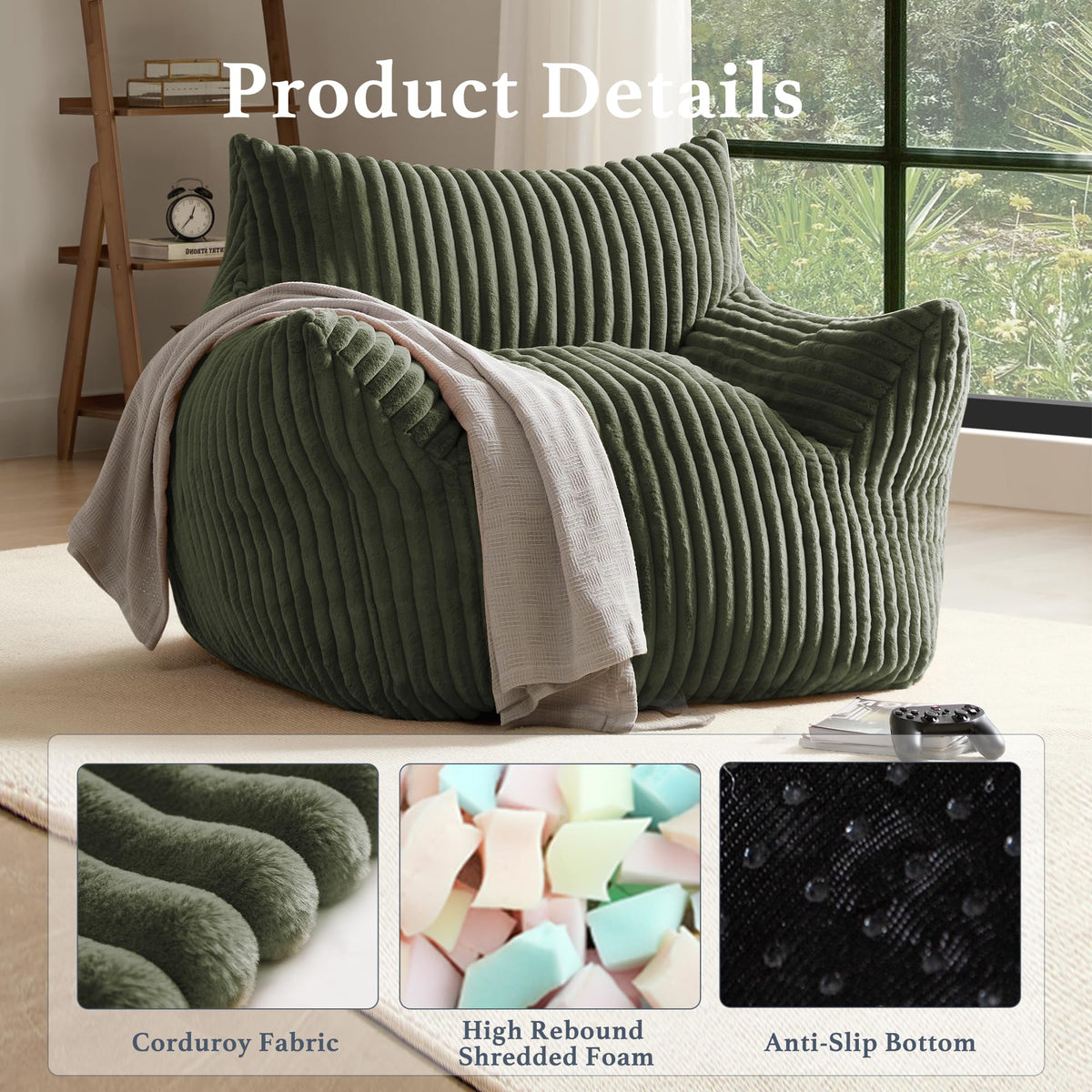 3-in-1 Giant Bean Bag Chair for Adults & Kids, Convertible Floor Sofa to Mattress, Memory Foam Beanbag Chair with Washable Cover, Multi Functional Lounge Couch for Bedroom, Living Room (Dark Grey)