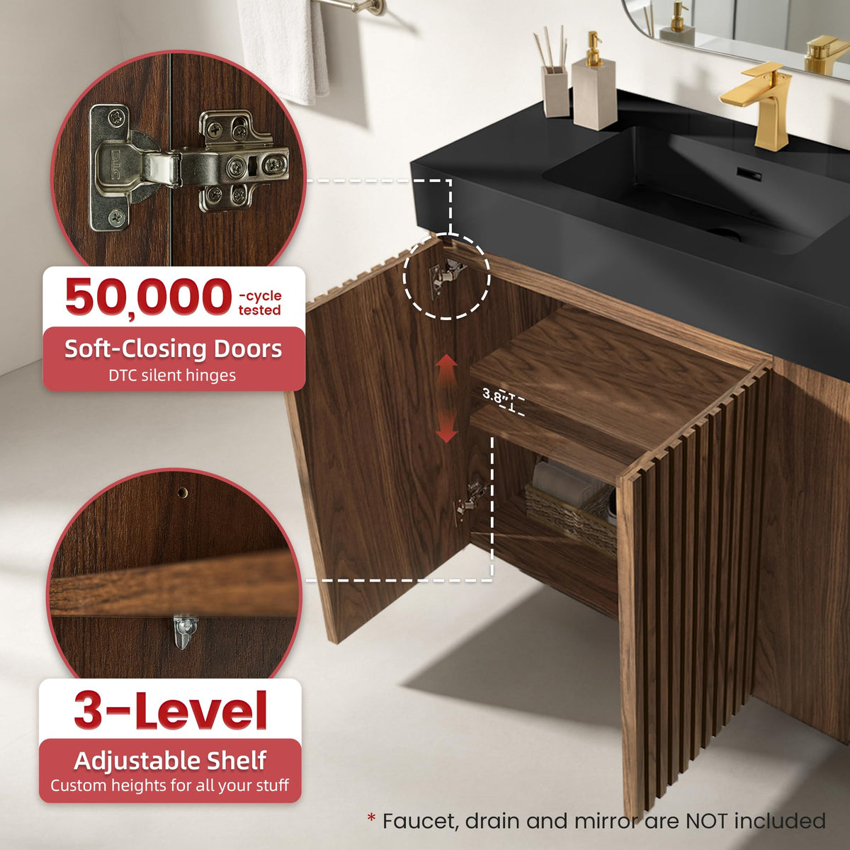 36â Modern Bathroom Vanity with Black Sink, Smoked Brown