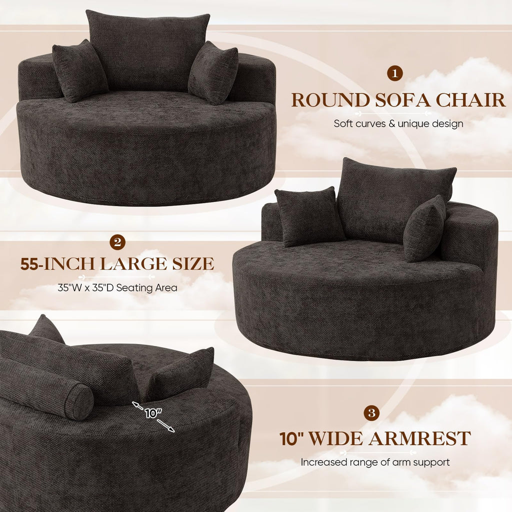 Oversized Round Chaise Longue Chair Indoor, Modern 55-inch Upholstered Corduroy Deep Seat Circle Single Cloud Lounge Floor Sofa Chair for Living Room, Bedroom Apartment, Beige