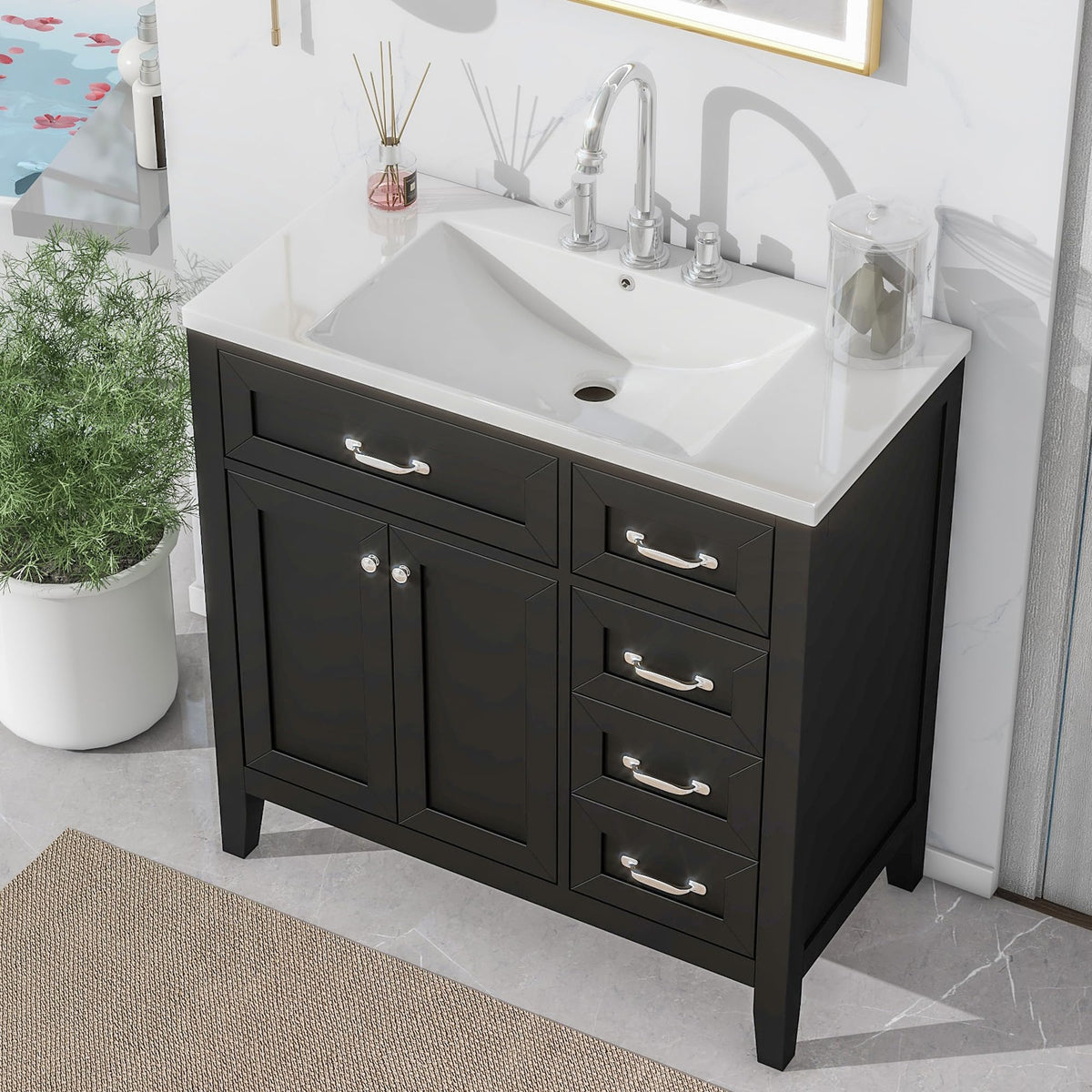 36 Inch Bathroom Vanities with Undermount Ceramic Sink, Storage Cabinet with Soft Closing Doors and Three Drawers, Solid Wood Frame, Natural Wood