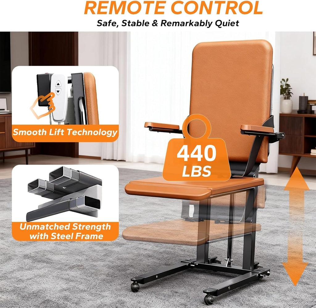 Steel Electric Floor Lift Chair with Wheels and PU Cushion, Floor Lift for Elderly, 440 LBS Capacity, Seat Belts and Handrails, Suitable for Home Use