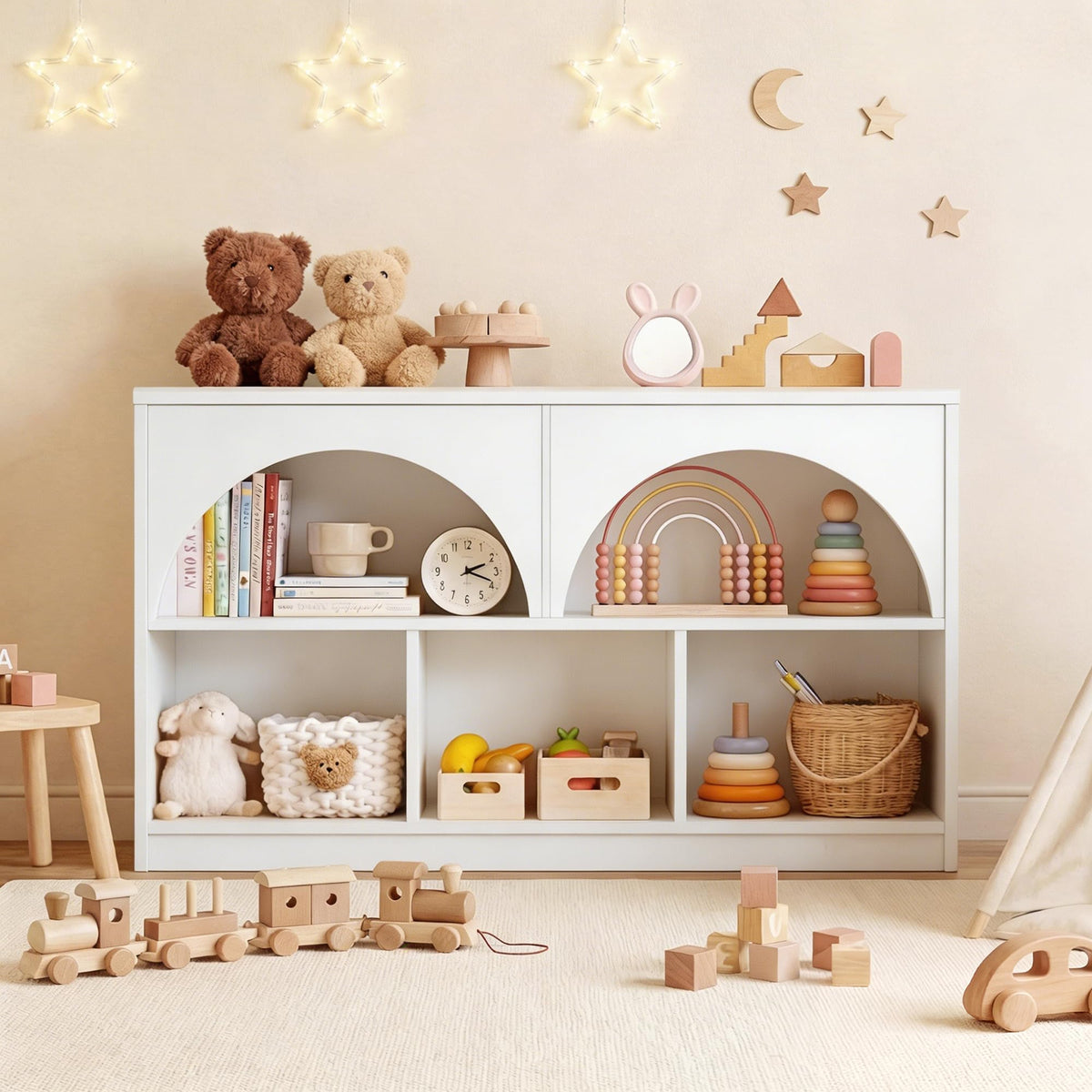 Fatmok Kids Bookshelf and Toy Storage, 2 Pack 58.5ââ Toy Organizer with Movable Chests & 3 Storage Bins, Large Kids Reading Nook with 5 Cubbies for Playroom, Bedroom, Nursery, White