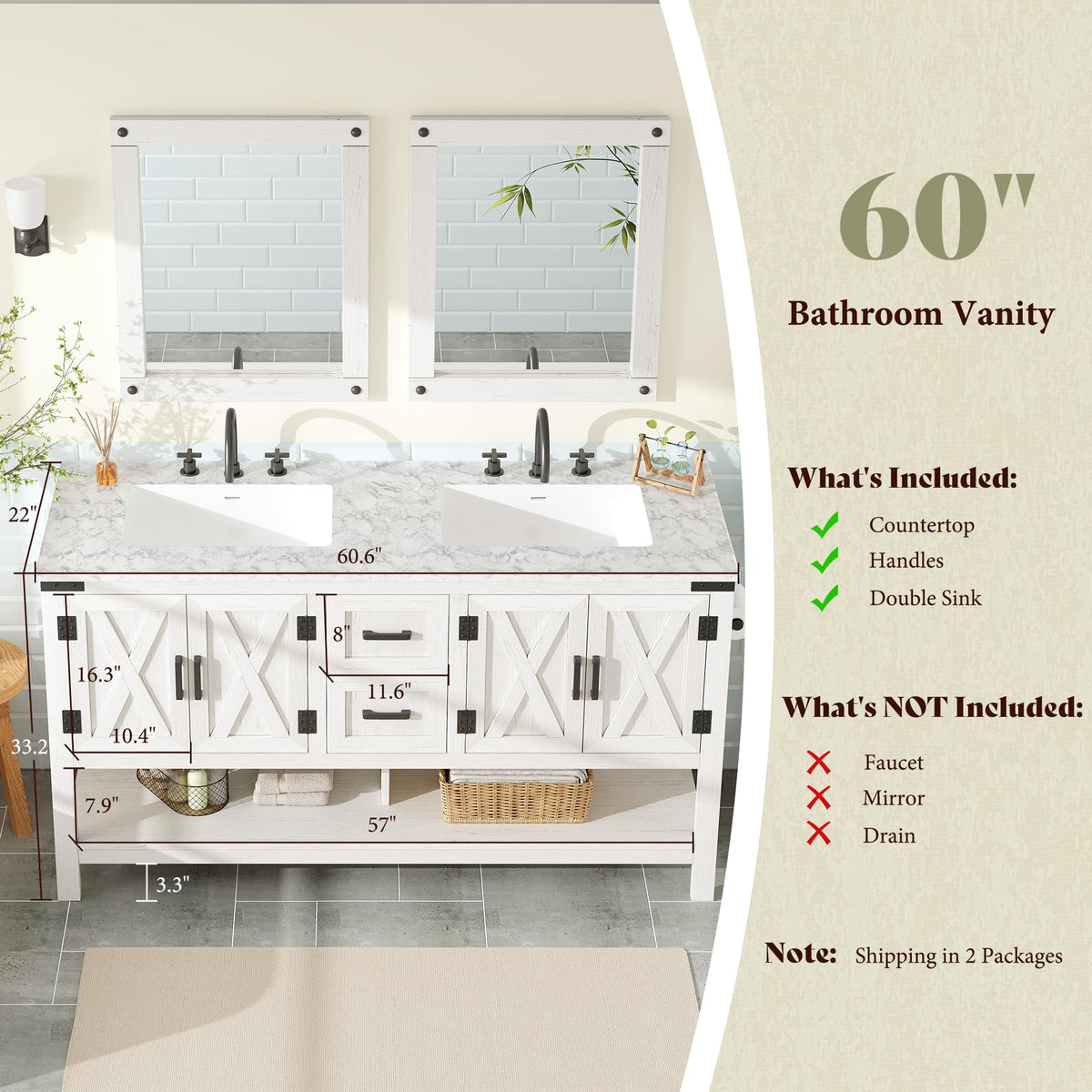 AMERLIFE 48" White Farmhouse Sink Bathroom Vanity, Solid White Top